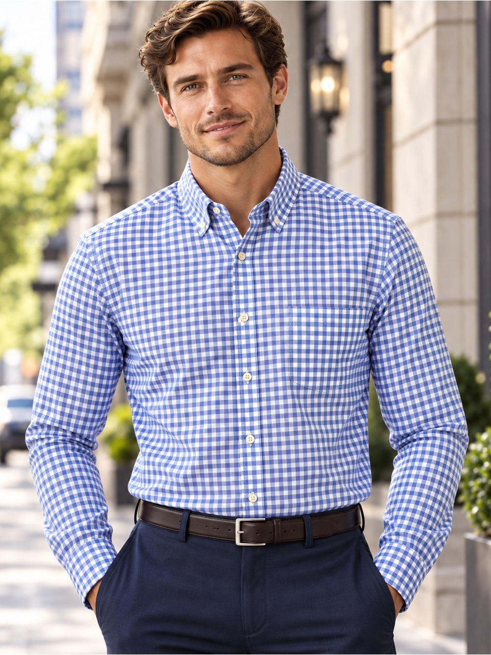 Banana Republic Blue & White Gingham Button-Down Cotton Shirt